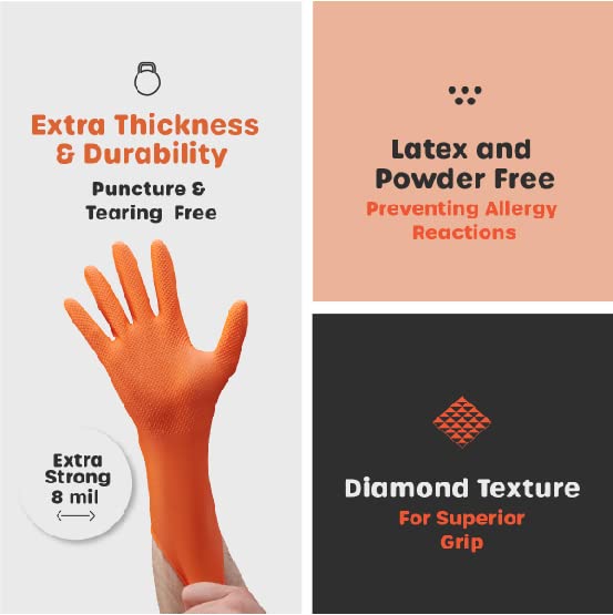 Comfy Package Large Orange Nitrile Heavy-Duty Gloves, Diamond Texture, Waterproof & Latex Free - Image 3